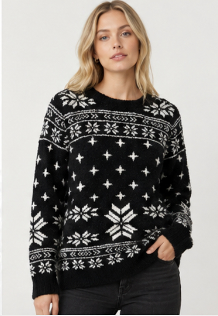 BAREFOOT DREAMS BLACK FAIR ISLE COZYCHIC SEASIDE CREW NECK PULLOVER SWEATER 1X